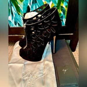 Giuseppe Zanotti Black Suede Peep Toe Boots